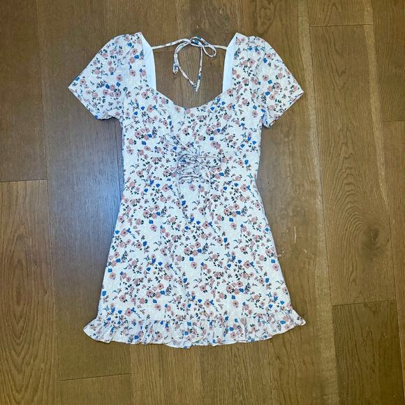 Maronie Anthropologie Mini Dress M Floral Tie Front Sweetheart Neck Ruffle hem - Picture 1 of 4